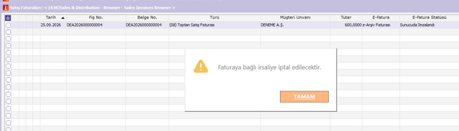Faturaya bağlı irsaliyenin de iptal edileceğini bildiren uyarı ekranı