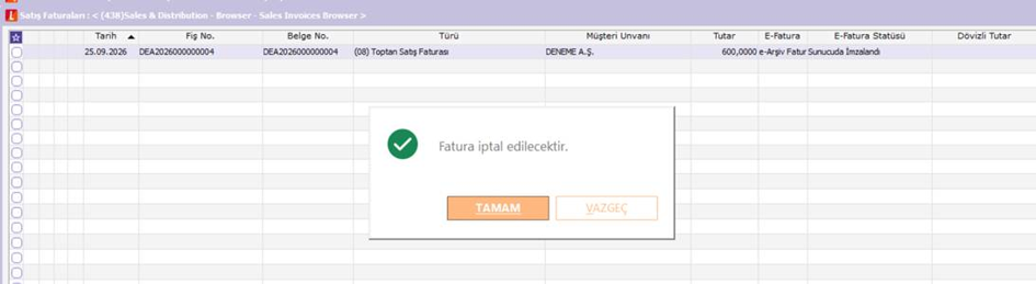 Logo e-Arşiv fatura iptalinde çıkan Fatura iptal edilecektir onay uyarısı