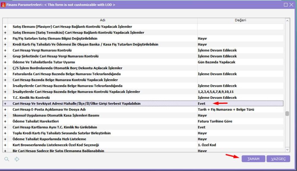 Finans Parametreleri adres serbest giriş parametresi Evet