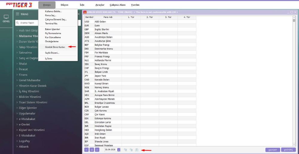 Logo Dosya menüsünde Günlük Döviz Kurları
