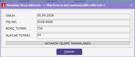 Hesaplar arası aktarım işlemi tamamlandı uyarısı