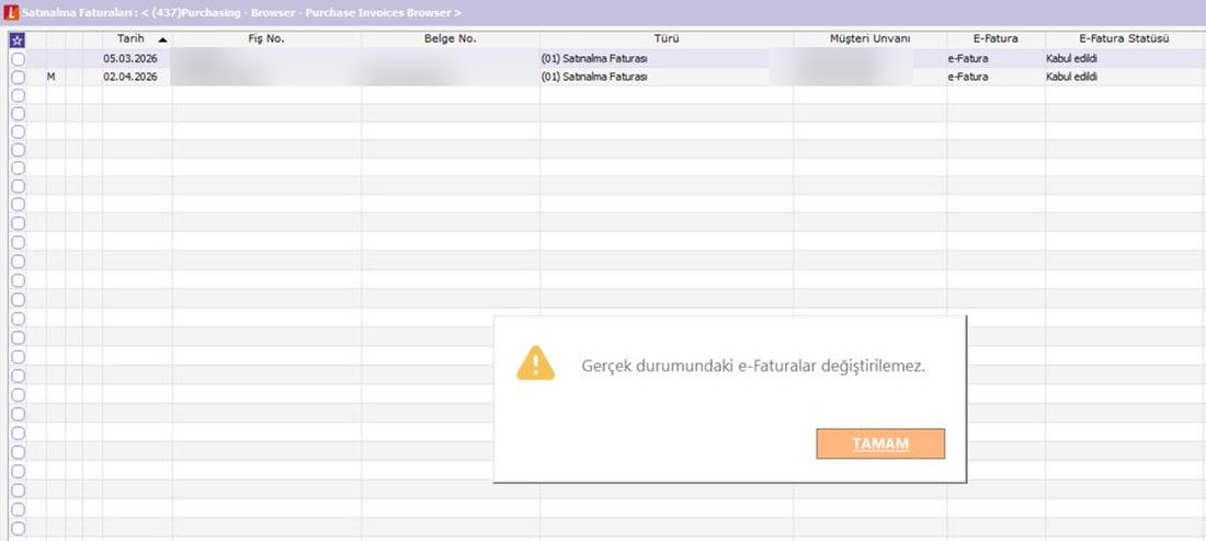 Gerçek durumundaki e-Faturalar değiştirilemez uyarısı