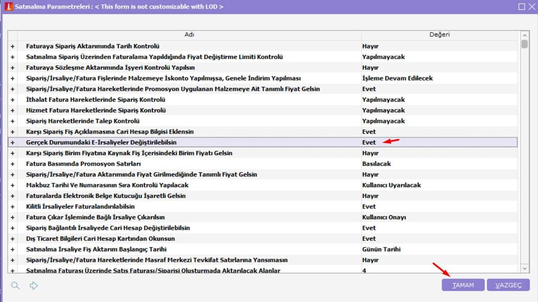 Logo satınalma parametrelerinde e-İrsaliye değiştirilebilsin seçeneği