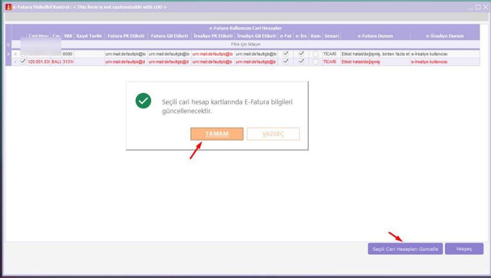 Seçili cari hesapları güncelleme adımı