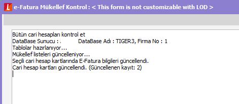Mükellef kontrol sonuç ekranı ve güncellenen kayıt sayısı