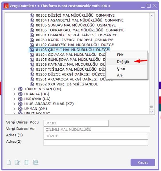 Mevcut vergi dairesini değiştirme seçeneği